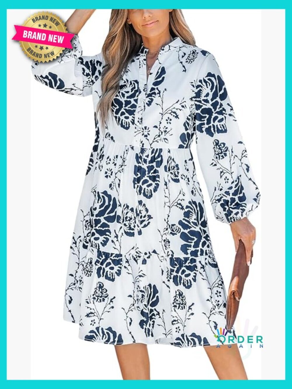 V Neck Long Sleeve Floral Button Front Midi Dress With Ruffled Hem Fall